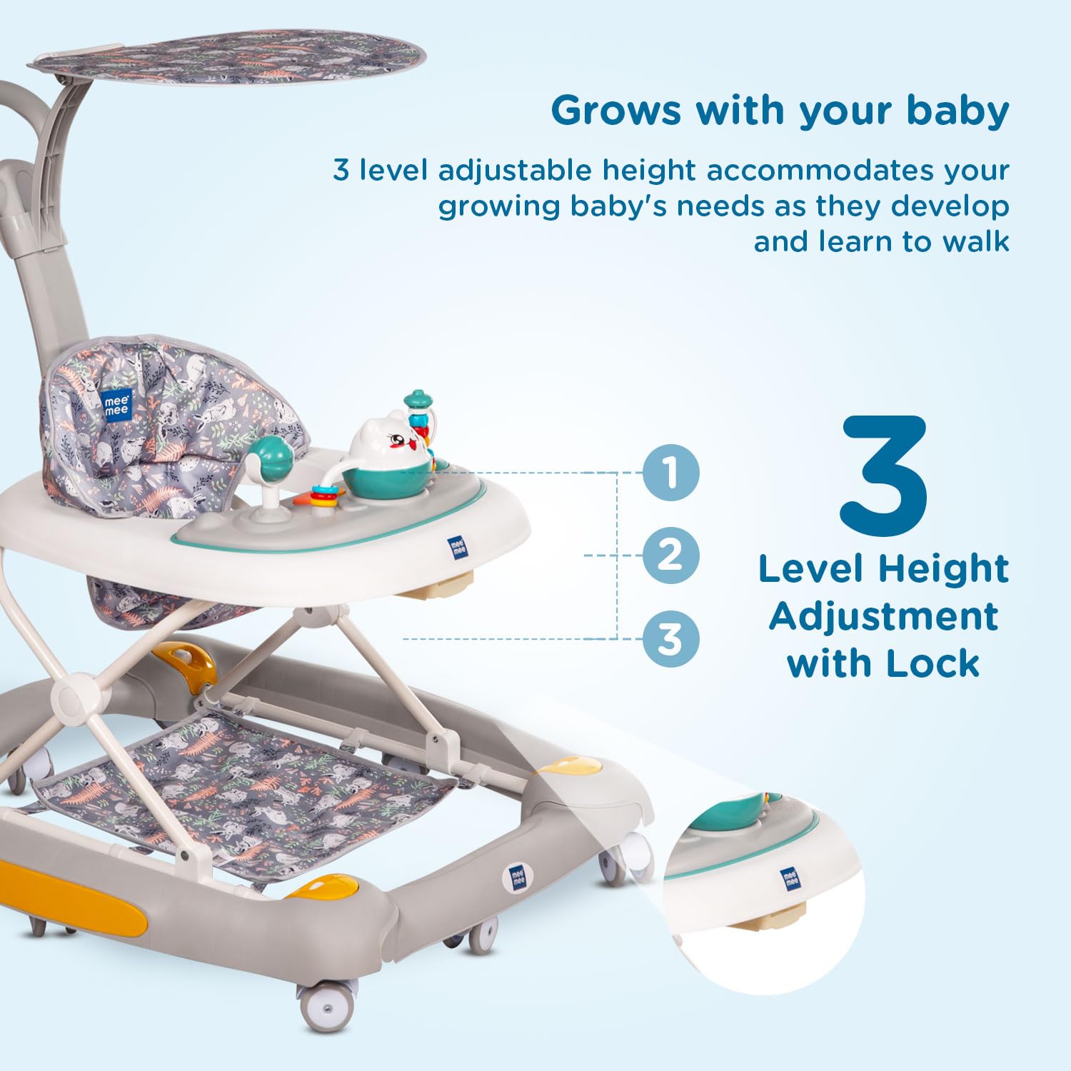 Usmile Toys Mee Mee baby activity walker, featuring a patterned seat, play accessories, and an overhead canopy. www.usmile.toys